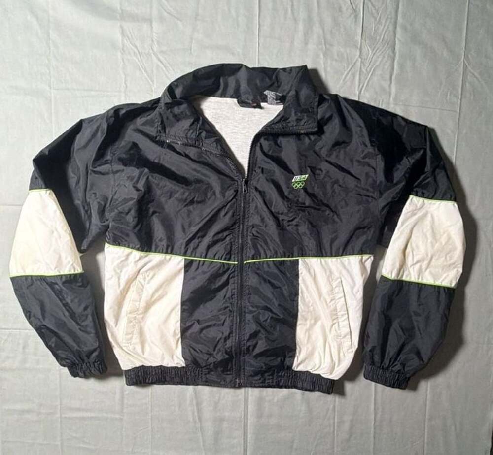 US Olympic Windbreaker Jacket M Black White Green Vintage JCPenney
